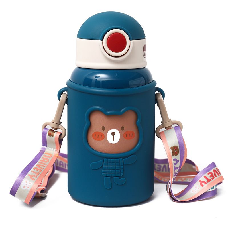 Stainless Steel (18/8Pro) Anti falling Children's Water Bottle With Soft Straw Wide 250ml ~500ml White