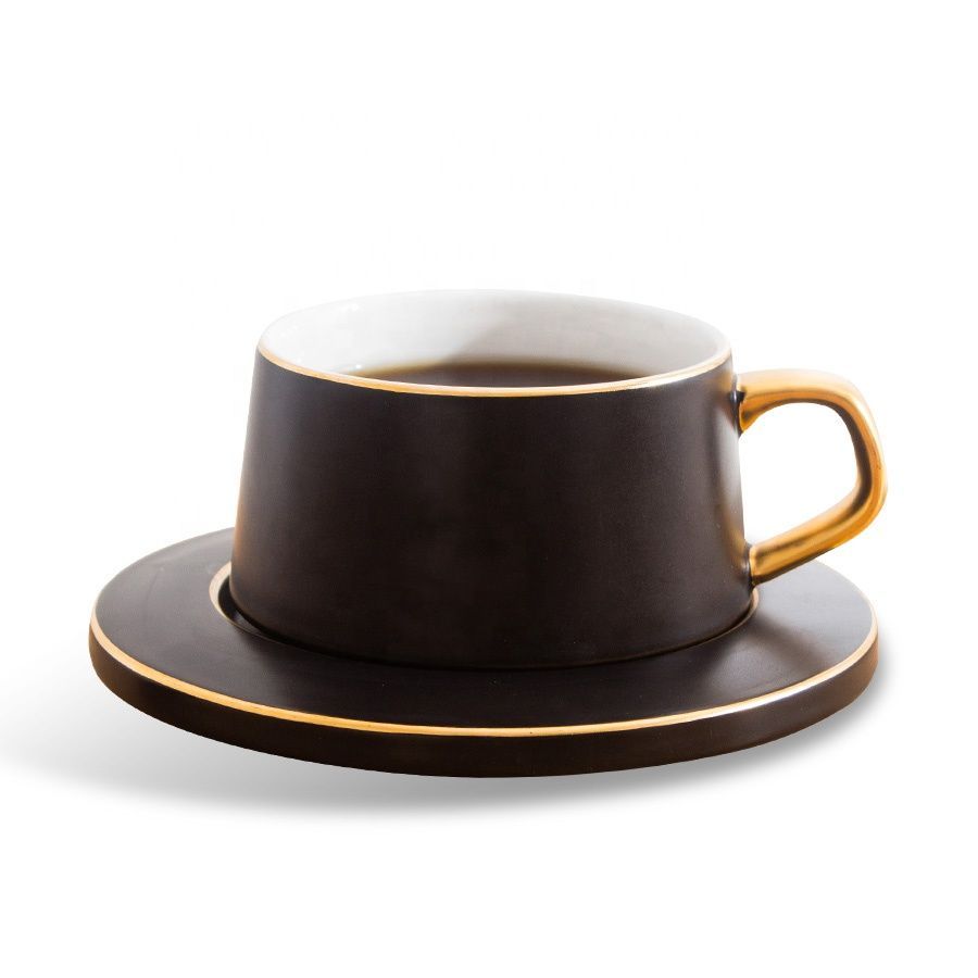 bulk buy personalised thick easy clean ceramics tumbler wide mouth cup saucer set with handle Up to 250ml Black