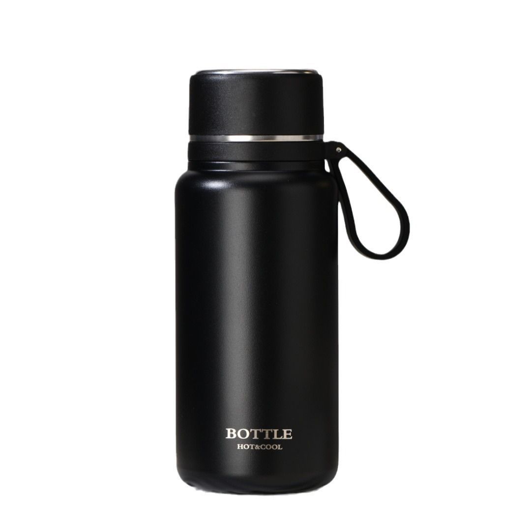 Großhandel isolierte Wasserflasche für Fitness und Sport mit Schlinge und Becherdeckel 500 ml ~ 1000 ml Schwarz